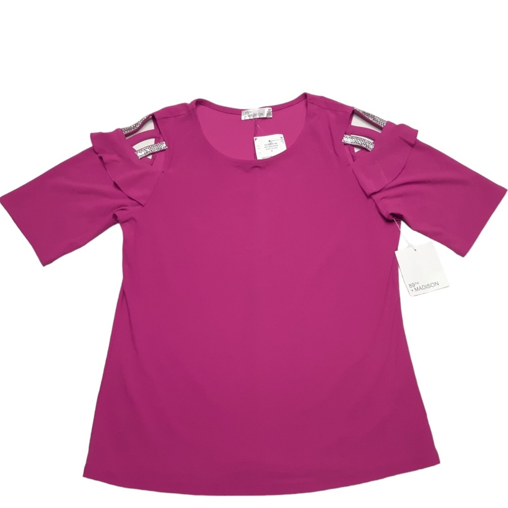 89th‎ Madison Cold Shoulder Blouse Womens Small Hot Magenta Rhinestone Ruffle